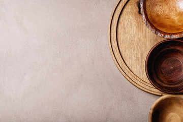 Variety of empty wooden bowls
