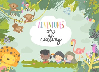 Obraz na płótnie Canvas Cute frame composed of cartoon kids traveling with animals
