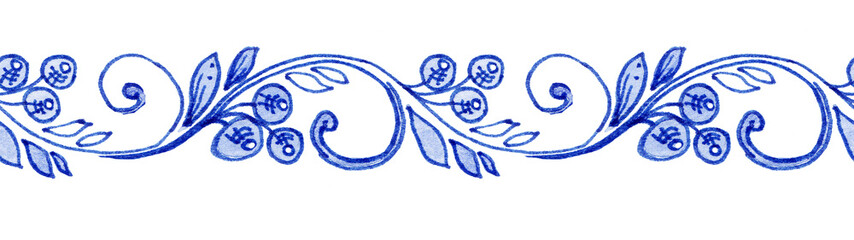 Watercolor hand painted floral ornament in ukrainian style. horizontal border, textile, fabric, ceramics, print, scapbooking, stickers