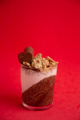 Delicious breakfast, cocoa chia pudding with yogurt and cereals