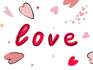Love word hand drawn lettering with hearts on white background Vector illustration