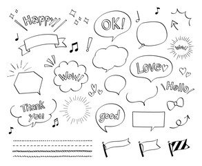 ペンマーカーの手描き装飾セット（吹き出し、フレーズ、リボン）