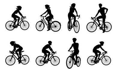 Fototapeta na wymiar A set of bicyclists riding bikes and wearing a safety helmet in silhouette