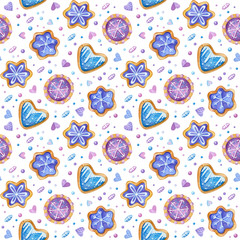 Baked desserts, gingerbreads hand drawn seamless pattern. Winter biscuits color drawing. Heart, flower, circle shape cookies texture. Creative wallpaper, wrapping paper design