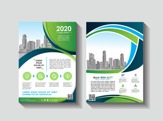 Vector Business brochure, flyers design template, company profile, magazine, poster, annual report, book & booklet cover, with green wavy line, and cityscape vector in background elements, size a4.