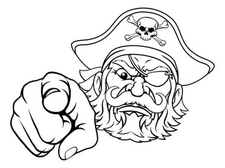 A pirate cartoon character captain mascot face and pointing hand with skull and crossed bones on his tricorne hat
