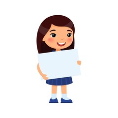 Little smiling girl holding empty banner flat vector illustration. Cute school girl with blank paper sheet in hands isolated on white background. Happy young asian child with poster mock up