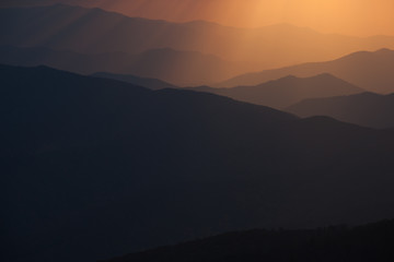 Sunbeams and Great Smoky Mountains near sunset from Clingman's Dome, North Carolina, USA
