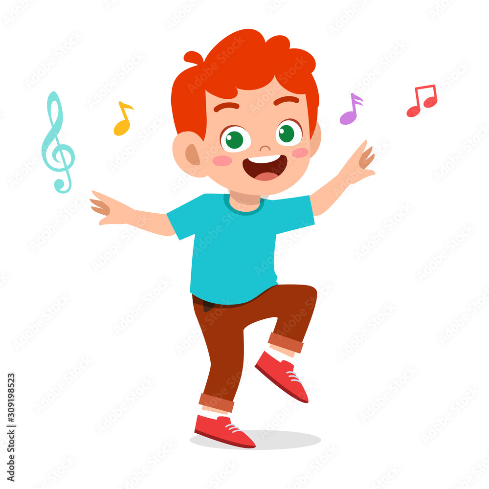 Poster happy cute kid boy dance with music