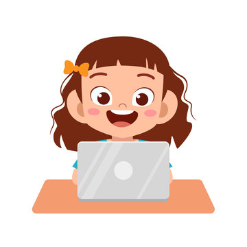 happy cute kid girl using laptop to do homework