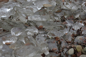 Textured surface of pieces of ice and street dirt