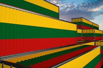 3D illustration Container terminal full of containers with flag of lithuania