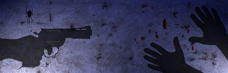 Shadows of a hand with gun and hands of murdered person against concrete wall with blood stains in the darkness - obrazy, fototapety, plakaty