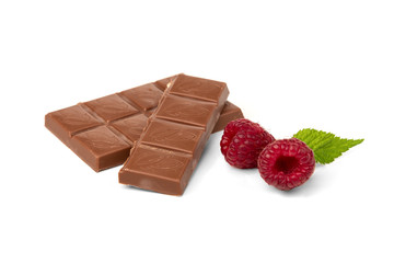 Chocolate with raspberry isolated on white background.