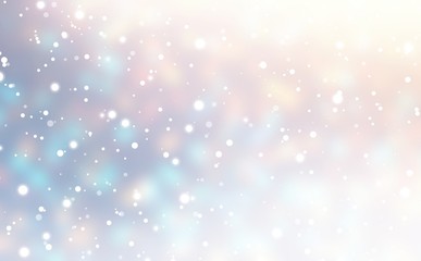Blur snowfall texture. Xmas light shimmer empty background. Winter wonderful flares pattern. Subtle pink blue white beige ombre illustration. New Year delicate glare. Magical holidays.