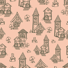pattern houses outline vector colored background stones bushes towers towers seamless wallpaper doodle baby