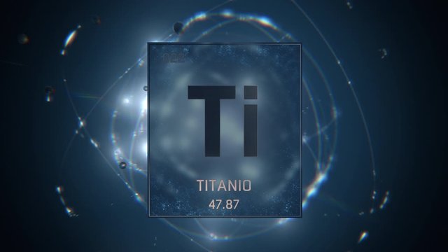 Titanium as Element 22 of the Periodic Table. Seamlessly looping 3D animation on blue illuminated atom design background with orbiting electrons. Name, atomic weight, element number in Spanish languag