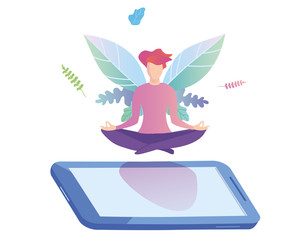 Flat girl in headphones on smartphone and meditating in lotus pose. Vector illustration. Social media concept