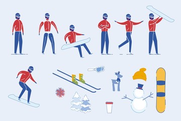 Fototapeta na wymiar Winter Sportsman Male with Skii and Snowboard Set.