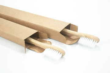 Zero waste plastic free, Natural eco bamboo toothbrush on white background.concept sustainable...