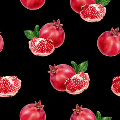 Pomegranate fruit hand drawn watercolor seamless pattern.