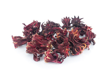 Dried Herbs Red Rosella, Jamaican Sorel, Roselle, Rozelle, Sorrel, Red Sorrel, Kharkade, Karkade, Vinuela, (Cabitutu Hibiscus sabdariffa Linn.) isolated on white background.Herbs anti-oxidan