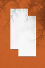 Two empty white vertical rectangle price-list or menu mockups with soft thuja leaves shadows lying on top of each other on orange concrete background. Flat lay, top view, copy space.