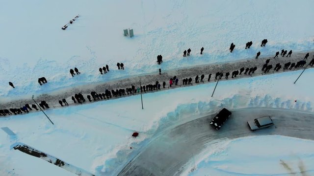 Aerial shot of winter drift competition on Russian Classics Lada VAZ-2107. Taken by drone