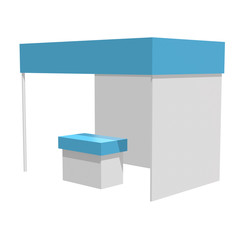 Trade Show Booth Blue and White. Indoor Exhibition with Work Paths. 3d render isolated on white background. High Resolution Ad Template for your Expo design.