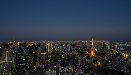 Fototapeta premium Tokyo aerial view cityscape with Tokyo Tower, Japan Tokyo tower and city skyline in sunset background view. Tokyo city skyline at twilight