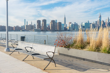 Empty Bench with Plants at a Park in Greenpoint Brooklyn New York looking out towards the East...