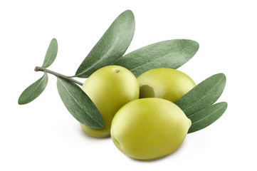 Close-up of olives with olive branch, isolated on white