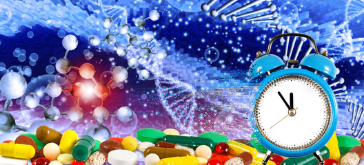 Fototapeta na wymiar image of dna chain on biotechnological background and a clock with particles decaying on one side. Gene mutation.3 d illustration