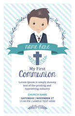First communion boy. Child with communion dress and flower frame, in green and blue tones