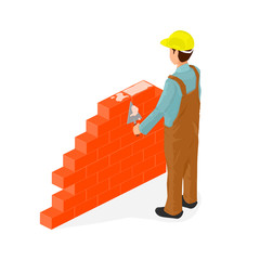 Isometric Bricklayer Builder  - Icon Vector Illustration.