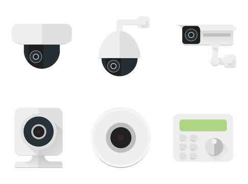 Security camera icons set. CCTV flat color simbols for a security and shops. Vector stock illustration