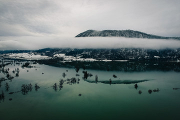 Aerial drone shot of looded fields in the winter. Trees are seen standing directly out of the water on the Planina field close to Postojna, Slovenia.