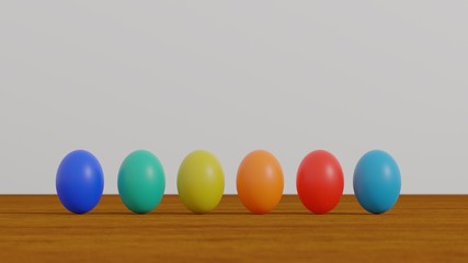 Colored eggs over a wood table