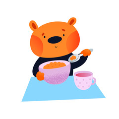 Cute little bear eat his breakfast. Adorable kid with food. Lovely baby animal with plate and cup. Childish cartoon vector illustration in flat style. Good for card, poster, print, book, decoration