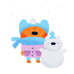 Cute little bear with snowman. Lovely baby animal walking in winter time. Childish illustration in flat style isolated on white background. Good for card, poster, print, book, decoration