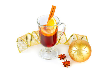 Mulled wine with orange, cinnamon sticks, anise isolated on white background.