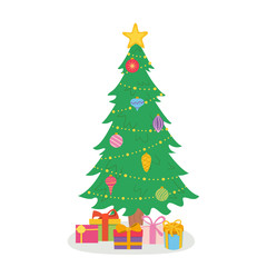 Cartoon christmas tree with holiday gift boxes on white background