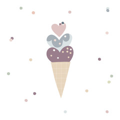 Cute hearty ice cream vector illustration. Doodle yummy gelato simple composition. Cartoon dessert drawing on dotty background. Heart ice cream in waffle cone nursery poster.