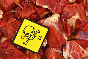 Raw meat with yellow poisonous skull warning sign, concept for meat contaminated with bacterium,...
