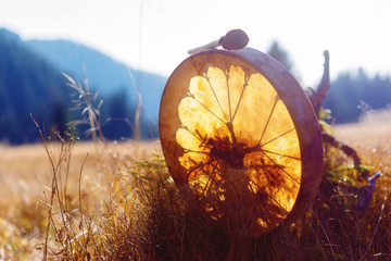 shamanic drum in nature, shamanic drum made of deer goat.