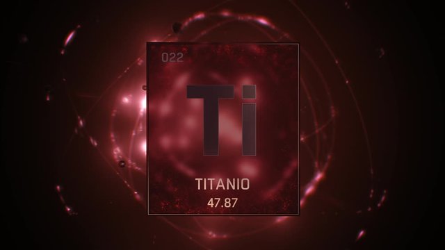 Titanium as Element 22 of the Periodic Table. Seamlessly looping 3D animation on red illuminated atom design background with orbiting electrons. Name, atomic weight, element number in Spanish language
