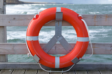 red life buoy mounted near the sea