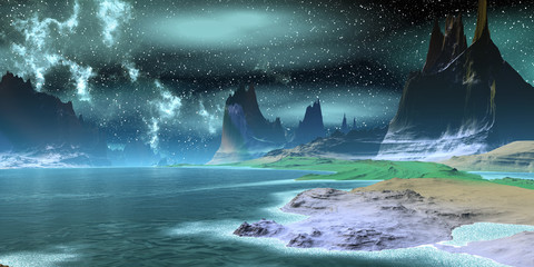 Naklejka premium Alien Planet. Mountain and lake. 3D rendering