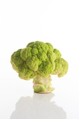 Fresh green broccoli without leaves on a white surface with white background