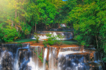 Fototapeta na wymiar Huay Mae Khamin waterfalls in tropical forest at Srinakarin National Park , a beautiful stream water famous rainforest , Kanchanaburi province, Thailand